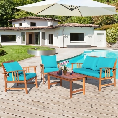 Costway 4PCS Wooden Patio Furniture Set Table Sofa Chair Cushioned Garden Turquoise 