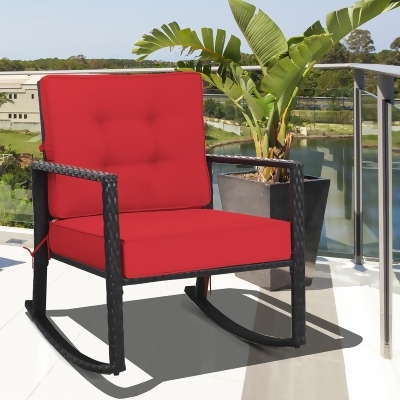 Costway Patio Rattan Rocker Chair Outdoor Glider Wicker Rocking Chair Cushion Lawn Red 