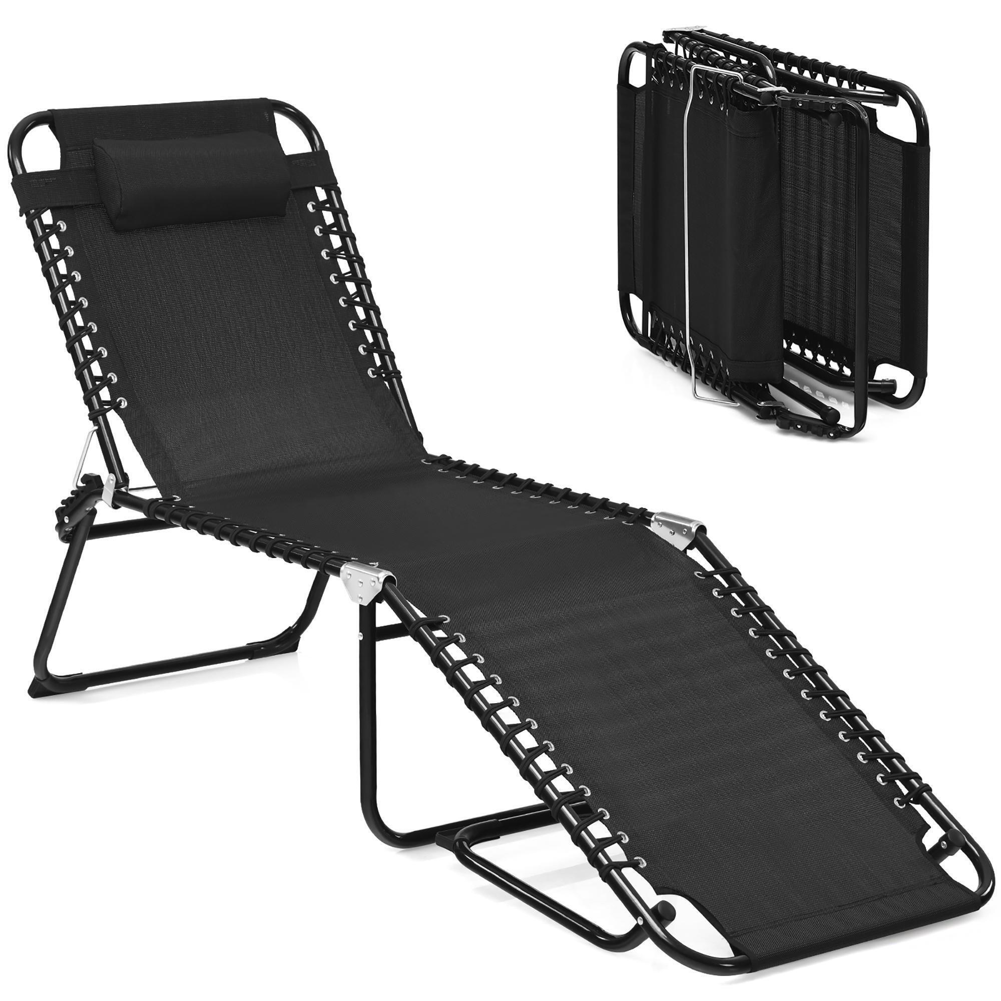 Costway Folding Beach Lounge Chair Heightening Design Patio Lounger w/ Pillow Black\Grey