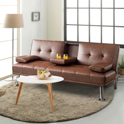 Costway Convertible Folding Futon Sofa Bed Leather w/Cup Holders&Armrests White\Black\Brown 