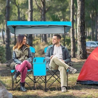 Goplus Portable Folding Camping Canopy Chairs w/ Cup Holder Cooler Outdoor Blue 