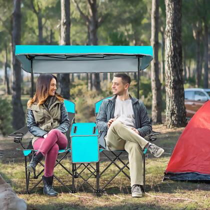 Goplus Portable Folding Camping Canopy Chairs w/ Cup Holder Cooler Outdoor Turquoise 