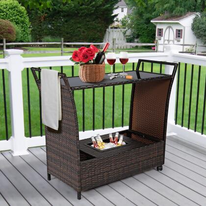 Costway Patio Rattan Bar Serving Cart Wheels Ice Bucket Glass Top Handle Garden 