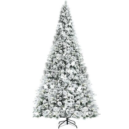 Costway 8ft Snow Flocked Hinged Christmas Tree w/ Berries & Poinsettia Flowers 