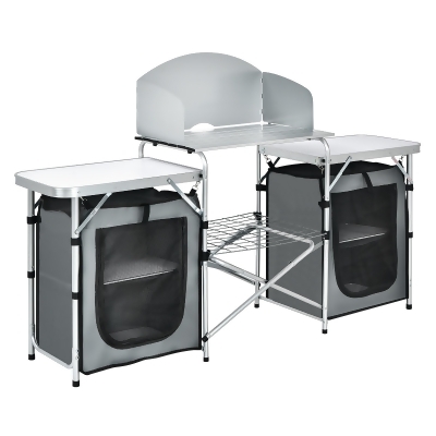 Costway Folding Portable Aluminum Camping Grill Table w/ Storage Organizer Windscreen 