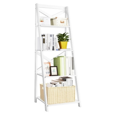Costway 4-Tier Ladder Shelf Bookshelf Bookcase Storage Display Plant Leaning Shelf White 