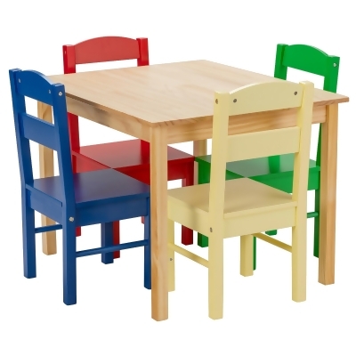 Costway Kids 5 Piece Table Chair Set Pine Wood Multicolor Children Play Room Furniture 