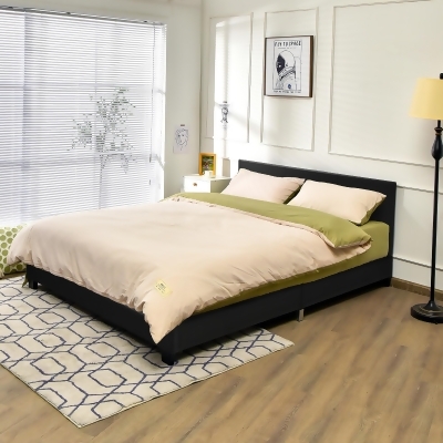 Costway Full Upholstered Platform Bed Frame with Linen/PU Headboard Wood Slat Gray/Black 