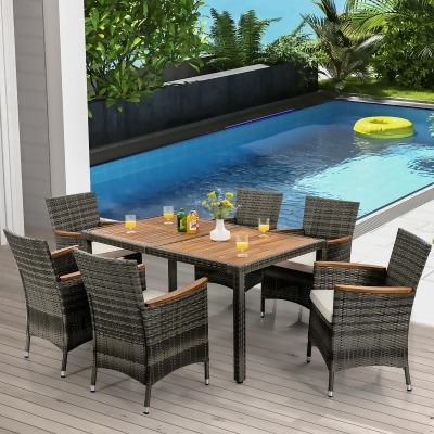 Costway 7PCS Patio Rattan Dining Set Acacia Wood Table Cushioned Chair Mix Gray 