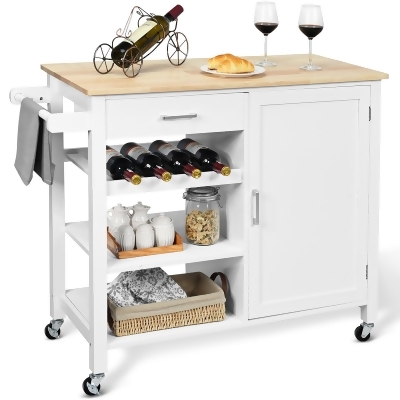 Costway 4-Tier Wood Kitchen Island Trolley Cart Storage Cabinet w/ Wine Rack White 
