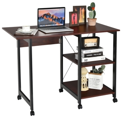 Costway Rolling Computer Desk Folding Writing Office Desk w/ Storage Shelves 