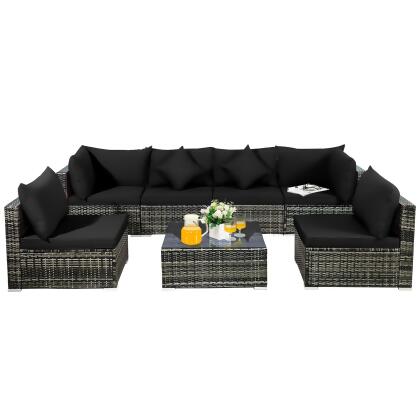 7PCS Patio Rattan Furniture Set Sectional Sofa Garden Cushion