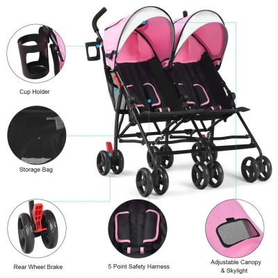Baby-joy Foldable Twin Baby Double Stroller Kids Ultralight Umbrella Stroller Pushchair Pink 