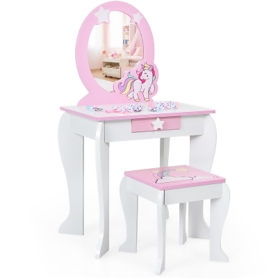 Costway Kids Vanity Makeup Dressing Table Chair Set Wooden W/ Mirror Drawer 