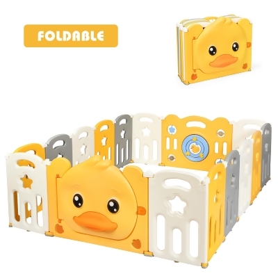 Costway 16-Panel Foldable Unisex Baby Playpen Kids Yellow Duck Yard Activity Center w/ Sound 
