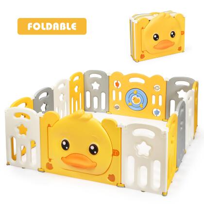 Costway 14-Panel Foldable Baby Playpen Unisex Kids Yellow Duck Yard Activity Center w/ Sound 