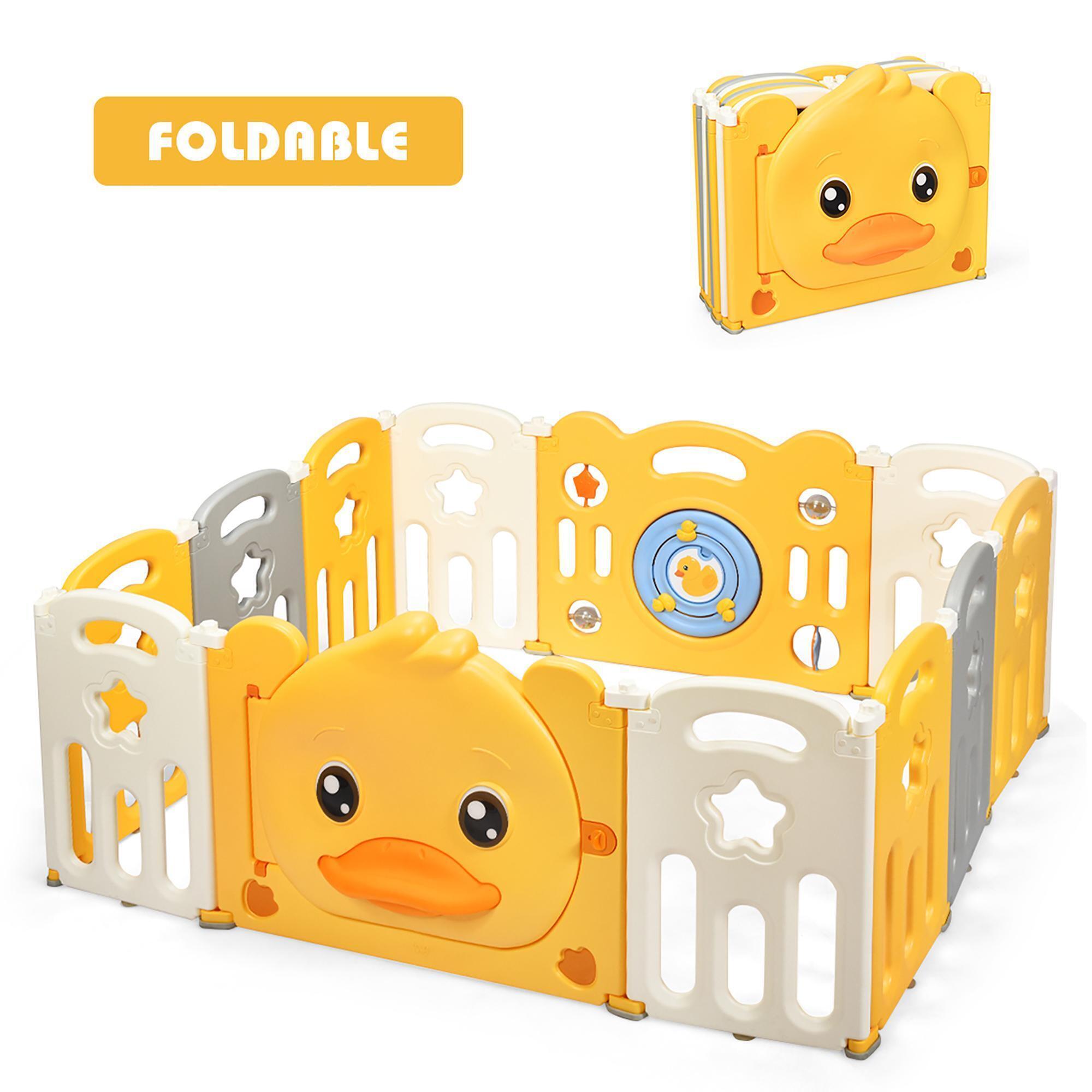 Costway 12-Panel Foldable Baby Playpen Kids Yellow Duck Yard Activity Center with Sound