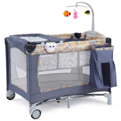 Costway 3-in-1 Foldable Baby Crib Playpen Playard Pack Travel Infant 0° Inclined Bassinet Bed Music Gray 