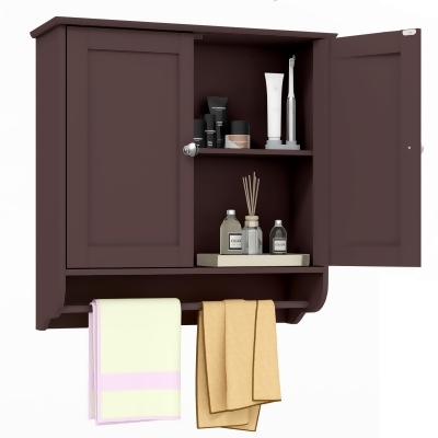 Costway Wall Mounted Bathroom Medicine Cabinet Storage Cupboard with Towel Bar Brown/Grey 