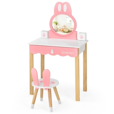 Costway Kids Vanity Set Rabbit Makeup Dressing Table Chair Set W/ Mirror Drawer White\Pink 