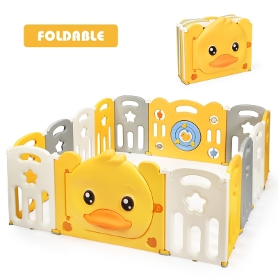 Costway 14-Panel Foldable Baby Playpen Unisex Kids Yellow Duck Yard Activity Center with Sound 