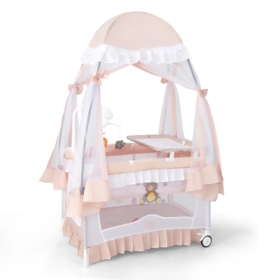 Babyjoy Portable Playpen Crib Cradle Baby Bassinet Changing Pad Mosquito Net with Bag Light Pink/Grey/Pink 
