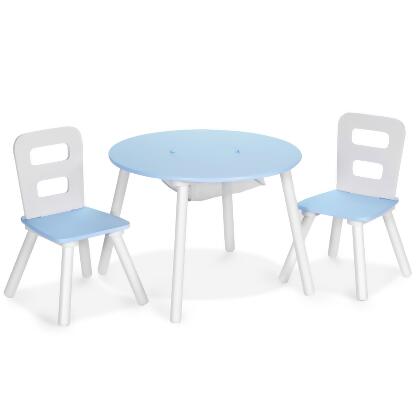 Costway Kids Wooden Round Table & 2 Chair Set w/ Center Mesh Storage White\Blue\Dark Blue\Pink\Purple 