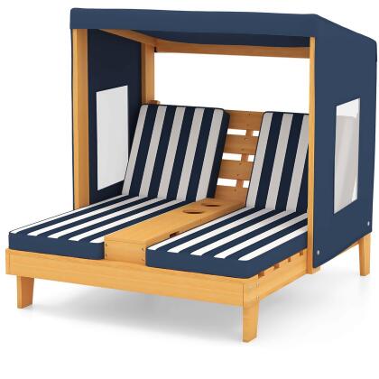 Costway Kids Double Chaise Lounge Patio Lounge Chair with Cup Holders & Awning Blue/Colorful/Brown 