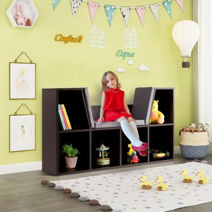 Costway 6 Cubby Kid Storage Cabinet Cushioned Bookcase Multi-Purpose Reading Shelf Brown alternate image