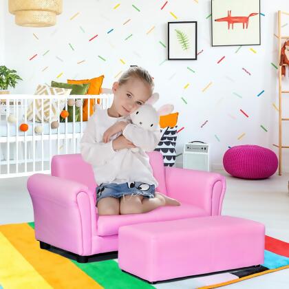 Costway Pink Kids Sofa Armrest Chair Couch Lounge Children Birthday Gift w/ Ottoman alternate image
