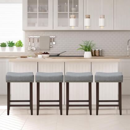 Costway Set of 4 Nailhead Saddle Bar Stools 24'' Height w/ Fabric Seat & Wood Legs Beige\Gray alternate image