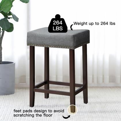 Costway Set of 4 Nailhead Saddle Bar Stools 24'' Height w/ Fabric Seat & Wood Legs Beige\Gray alternate image