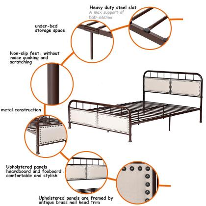 Costway Queen size Metal Bed Frame Platform Bed Upholstered Panel Headboard Footboard alternate image