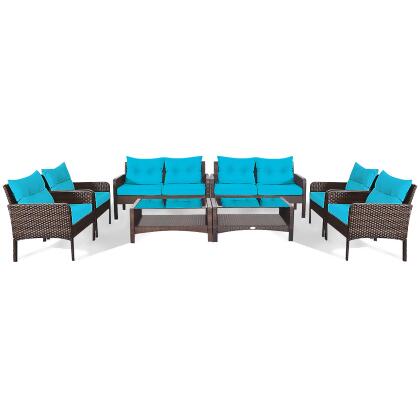 Costway 8PCS Patio Rattan Furniture Set Loveseat Sofa Coffee Table W/Turquoise Cushion alternate image