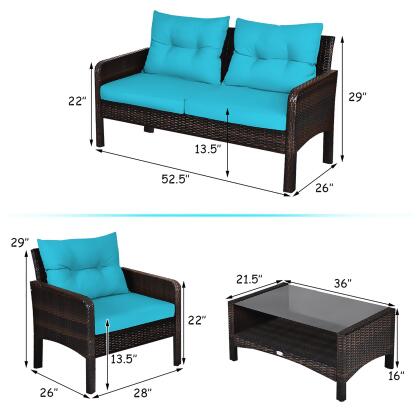 Costway 8PCS Patio Rattan Furniture Set Loveseat Sofa Coffee Table W/Turquoise Cushion alternate image