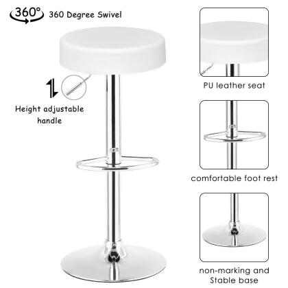 Costway Set of 2 Adjustable Round Leather Seat Hydraulic Swivel Bar Stool White alternate image