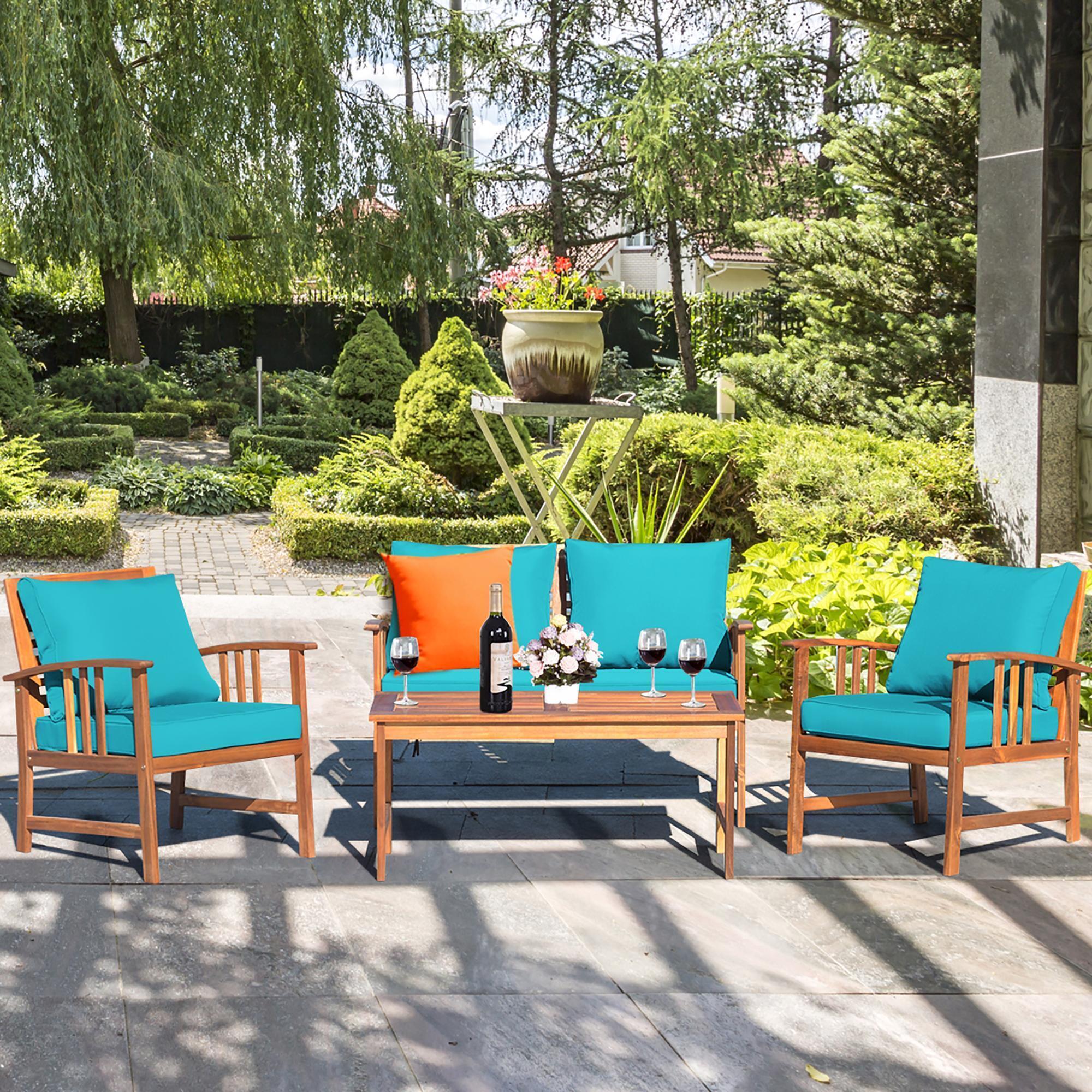 Costway 4PCS Wooden Patio Furniture Set Table Sofa Chair Cushioned Garden Turquoise alternate image