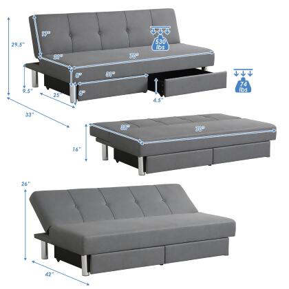 Costway Convertible Futon Sofa Bed Adjustable Couch Sleeper w/ Two Drawers Grey alternate image