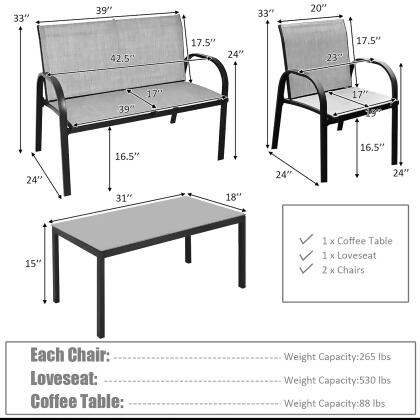 Costway 4 PCS Patio Furniture Set Sofa Coffee Table Steel Frame Garden Deck Gray alternate image