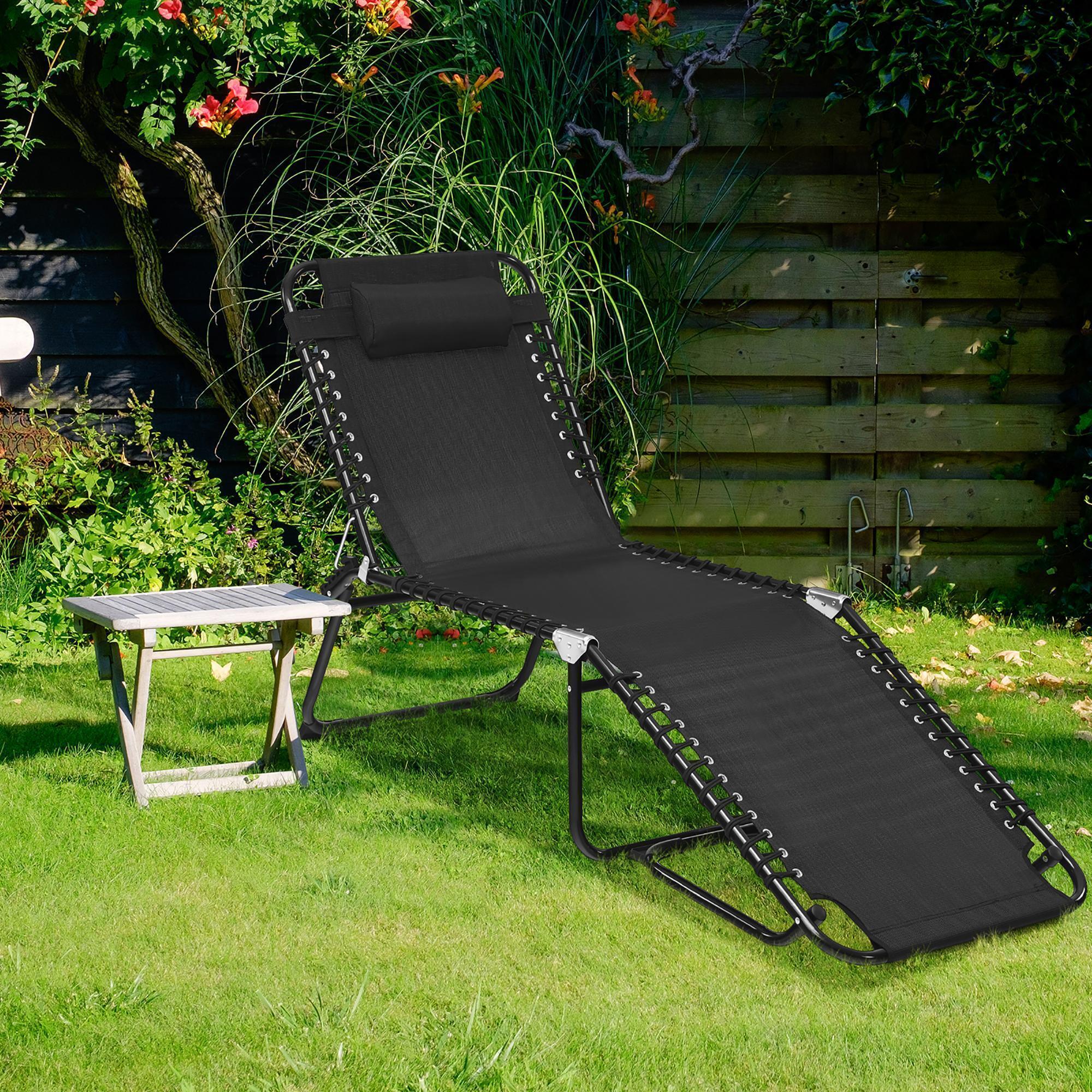 Costway Folding Beach Lounge Chair Heightening Design Patio Lounger w/ Pillow Black\Grey alternate image