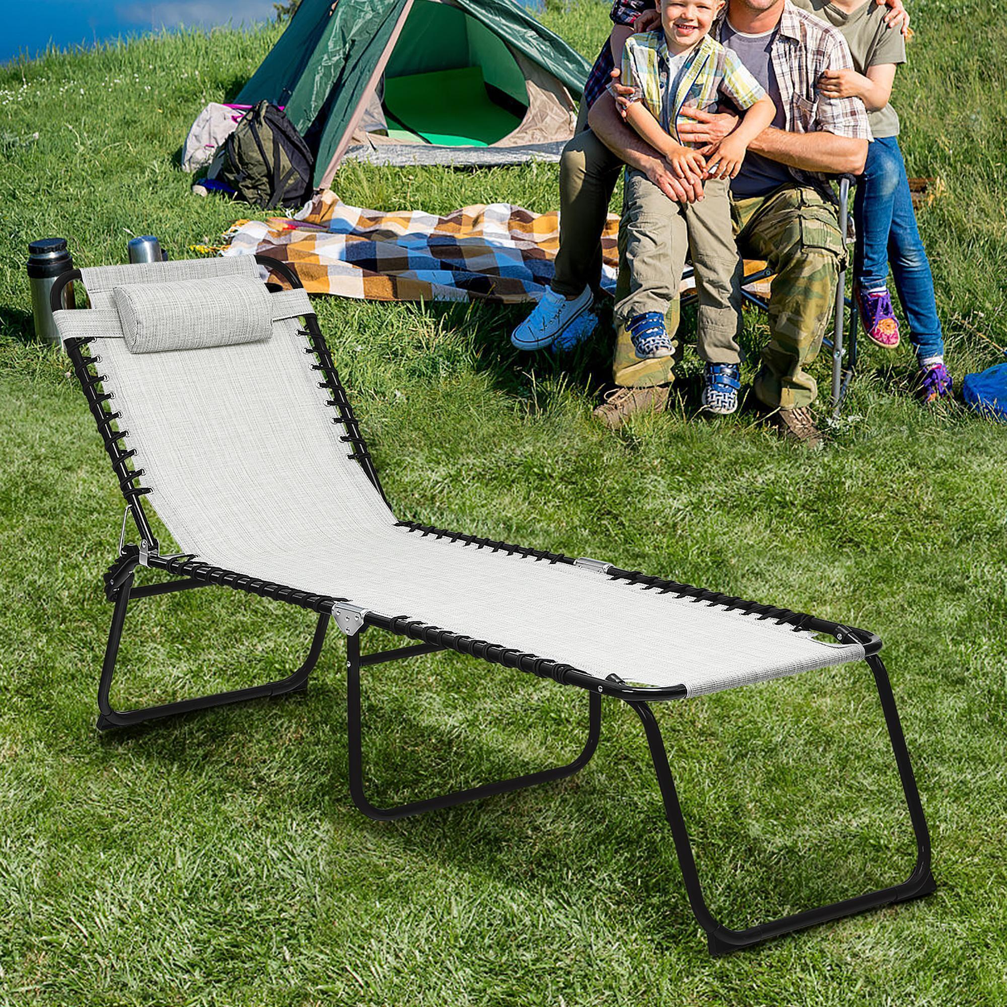 Costway Folding Beach Lounge Chair Heightening Design Patio Lounger w/ Pillow Black\Grey alternate image
