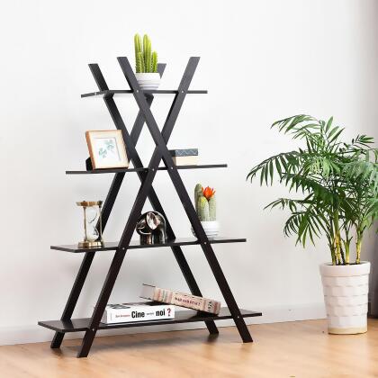Costway 4-Tier Bookshelf Storage Display Shelves Bookcase Ladder X-Shape Brown/Black alternate image