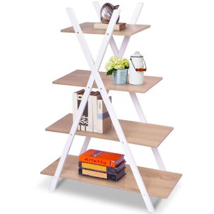 Costway 4-Tier Bookshelf Storage Display Shelves Bookcase Ladder X-Shape Brown/Black alternate image