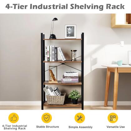 Costway 4-Tier Bookshelf Industrial Bookcase Diaplay Shelf Storage Rack Rustic Brown\Black alternate image