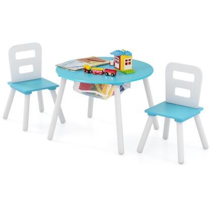 Costway Kids Wooden Round Table & 2 Chair Set w/ Center Mesh Storage White\Blue\Dark Blue\Pink\Purple alternate image