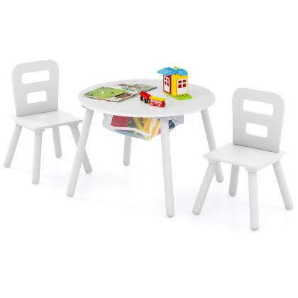 Costway Kids Wooden Round Table & 2 Chair Set w/ Center Mesh Storage White\Blue\Dark Blue\Pink\Purple alternate image