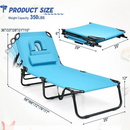 Costway Folding Chaise Lounge Chair Adjustable Outdoor Patio Beach Camping Recliner Beige\Turquoise alternate image