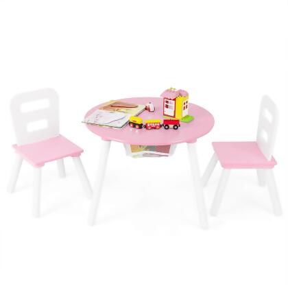 Costway Kids Wooden Round Table & 2 Chair Set w/ Center Mesh Storage White\Blue\Dark Blue\Pink\Purple alternate image