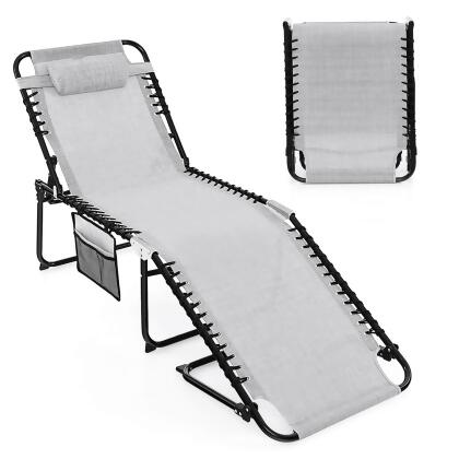 Costway Folding Beach Lounge Chair Heightening Design Patio Lounger w/ Pillow Black\Grey alternate image