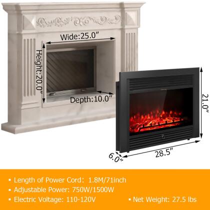 Costway 28.5" Fireplace Electric Embedded Insert Heater Glass Log Flame Remote alternate image